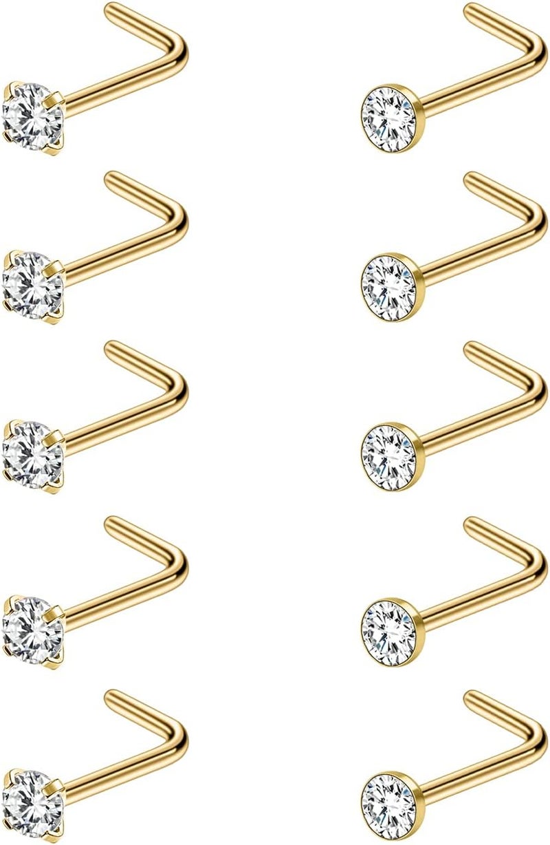 AccGin Store 6-10Pcs 18G 20G Nose Ring Surgical Steel Nose Rings Studs Piercing For Women Men 1.5mm 2mm 2.5mm 3mm Round Diamond CZ L Shaped Corkscrew Gold Black Silver Nose Piercing Hypoallergenic - Image 1